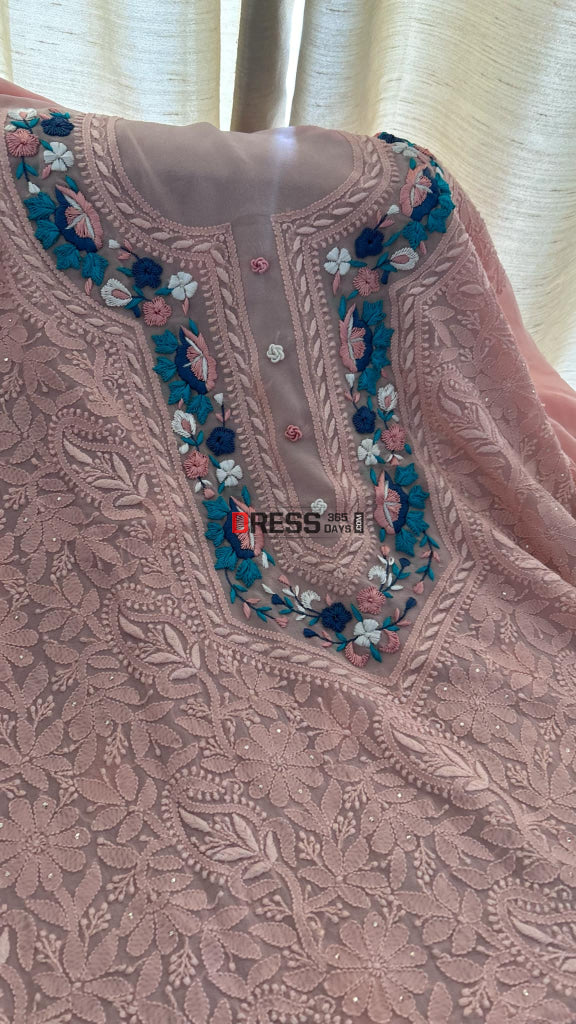 Peach Chikankari Parsi Gara Neckline Suit Chikankari Suits