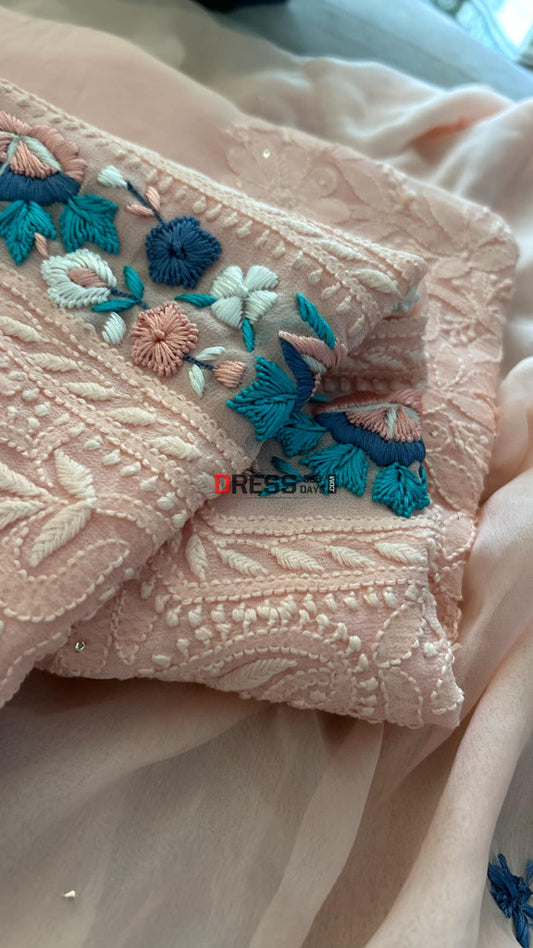 Peach Chikankari Parsi Gara Neckline Suit Chikankari Suits