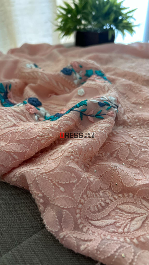 Peach Chikankari Parsi Gara Neckline Suit Chikankari Suits