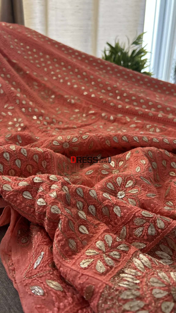 Peach Gota Patti Chikankari Anarkali Suit (Anarkali And Dupatta) Chikankari Anarkali