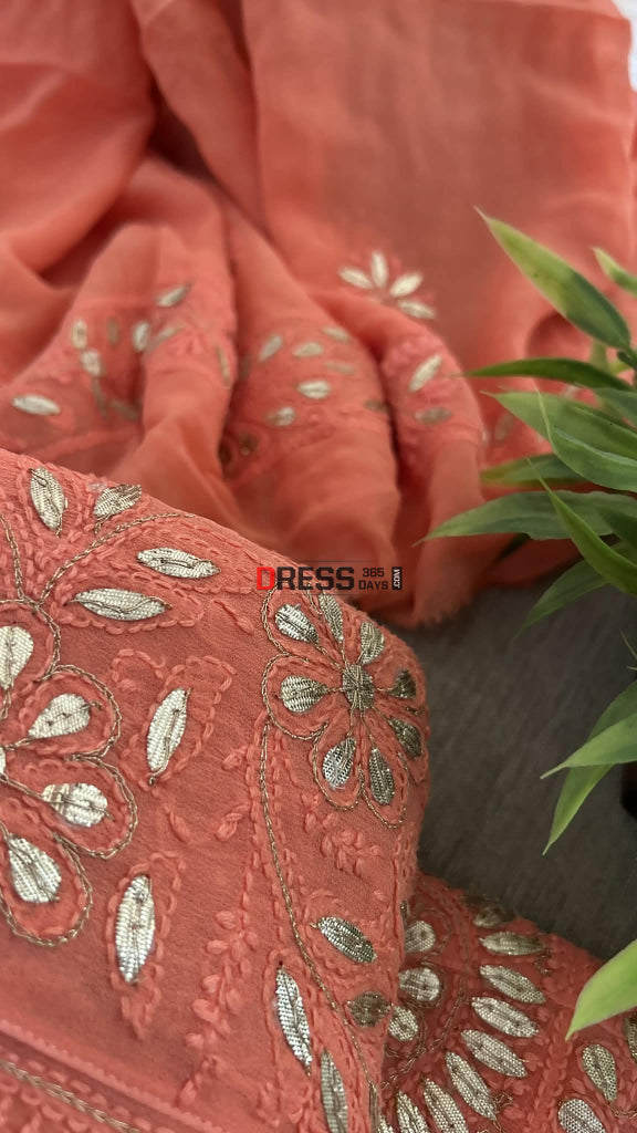 Peach Gota Patti Chikankari Anarkali Suit (Anarkali And Dupatta) Chikankari Anarkali