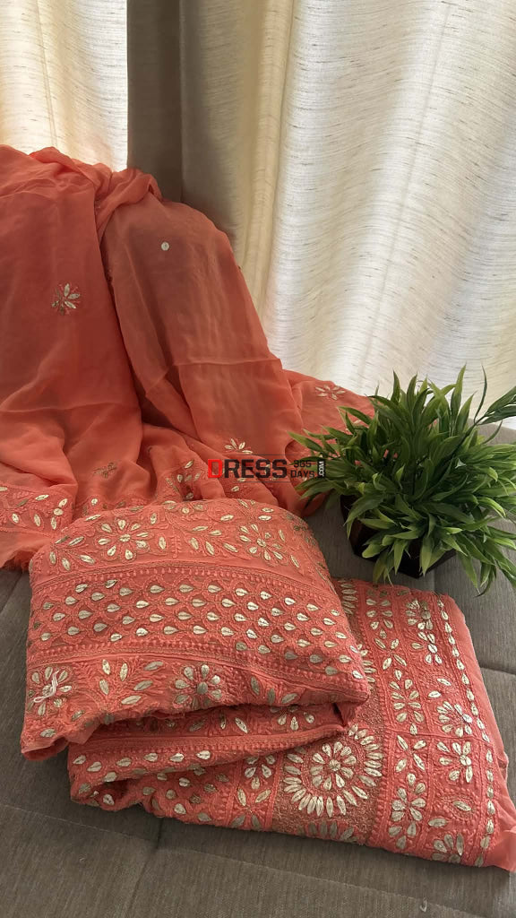 Peach Gota Patti Chikankari Anarkali Suit (Anarkali And Dupatta) Chikankari Anarkali