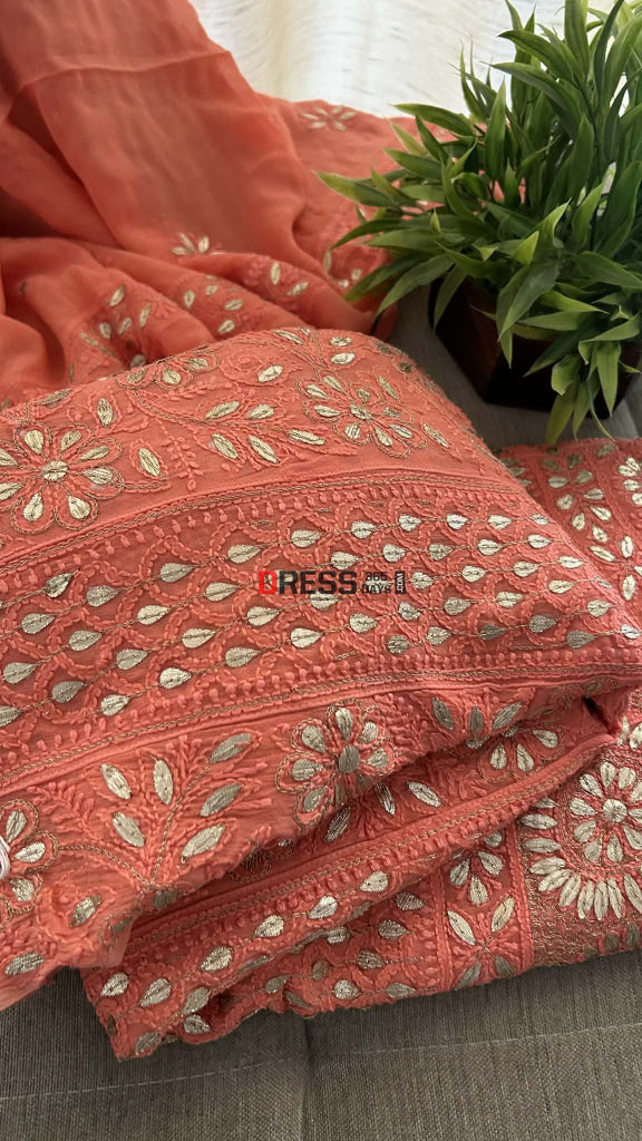Peach Gota Patti Chikankari Anarkali Suit (Anarkali And Dupatta) Chikankari Anarkali