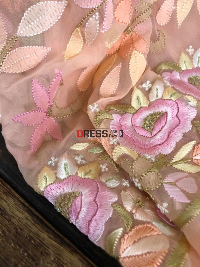 Peach Hand Embroidered Parsi Gara Chikankari Suit Suits