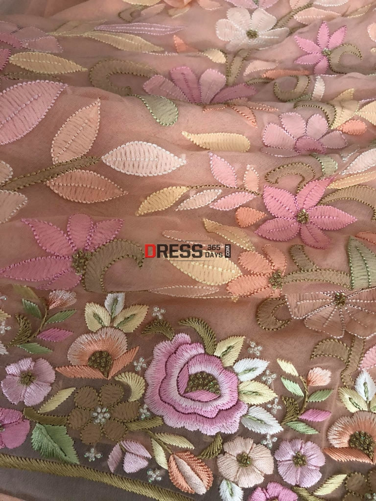 Peach Hand Embroidered Parsi Gara Chikankari Suit Suits