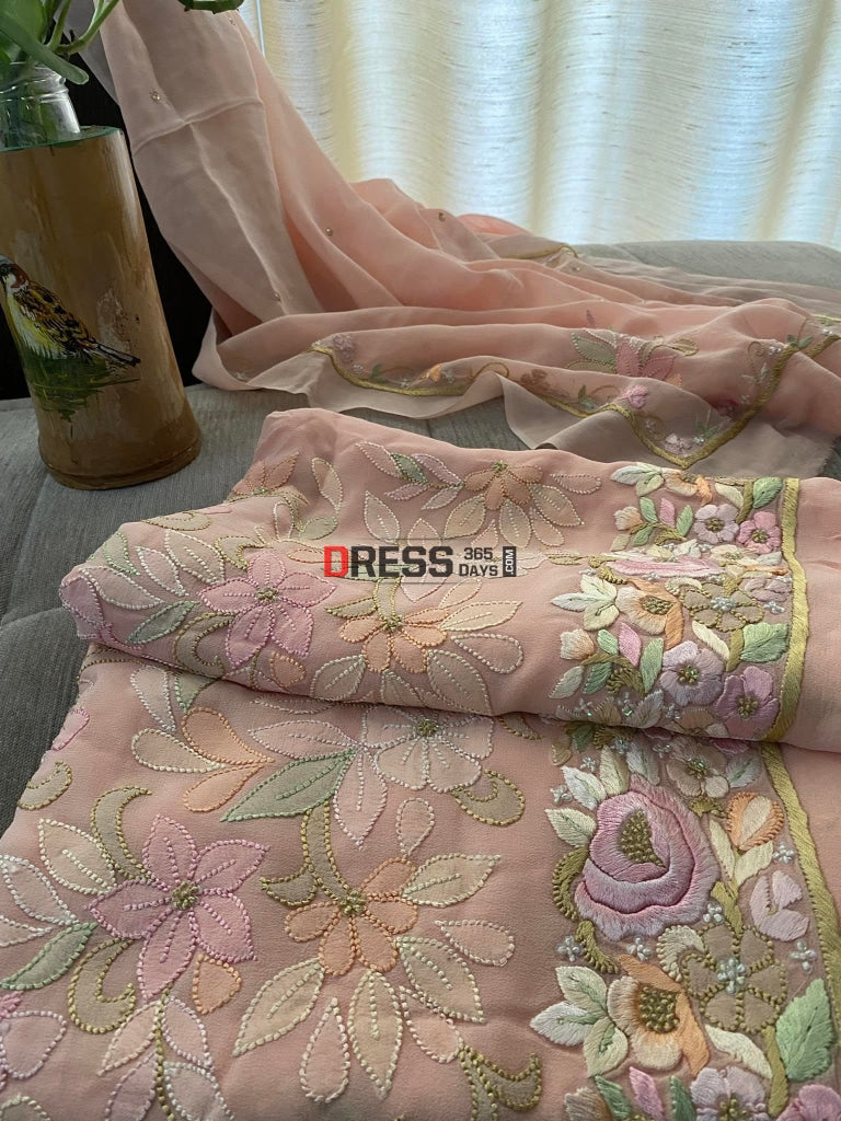 Peach Hand Embroidered Parsi Gara Chikankari Suit Suits