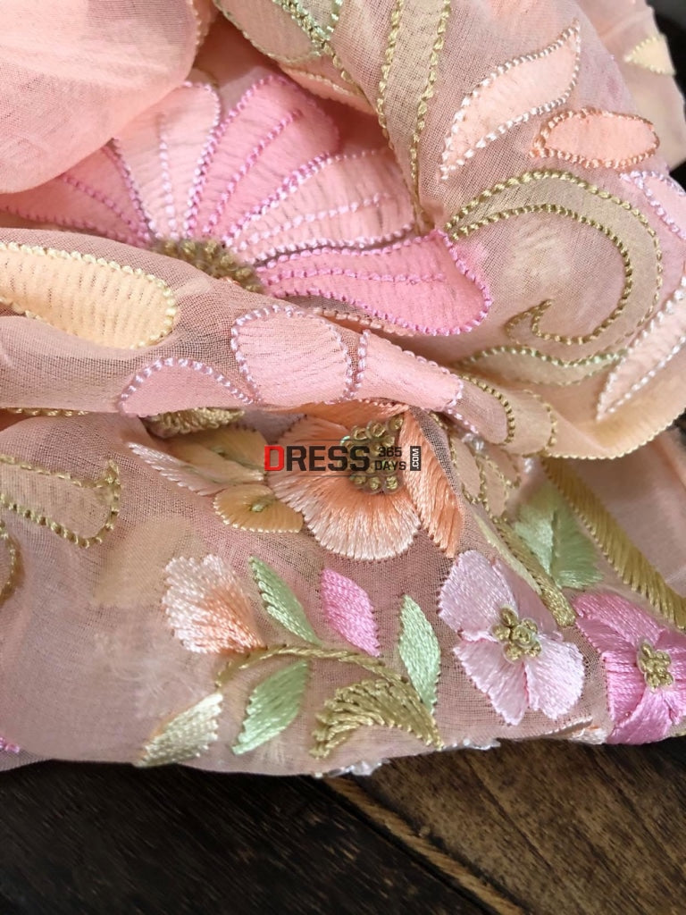 Peach Hand Embroidered Parsi Gara Chikankari Suit Suits