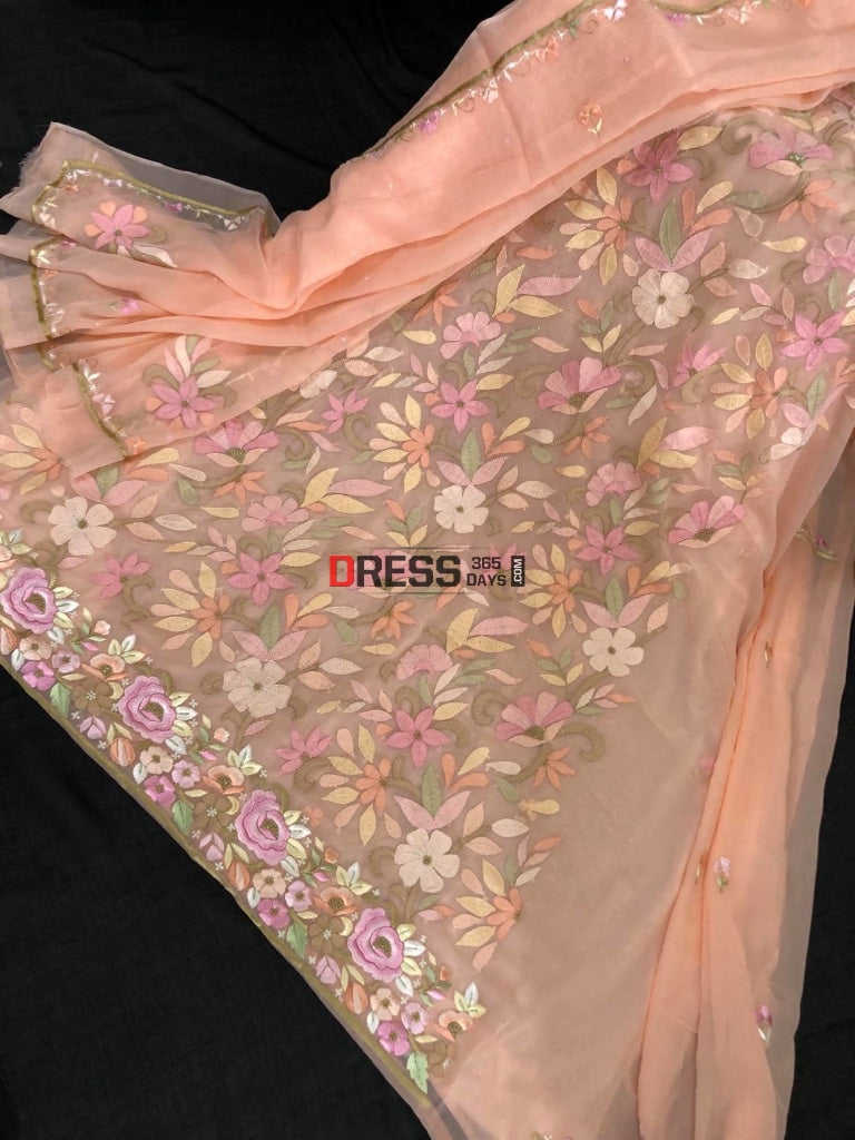 Peach Hand Embroidered Parsi Gara Chikankari Suit Suits