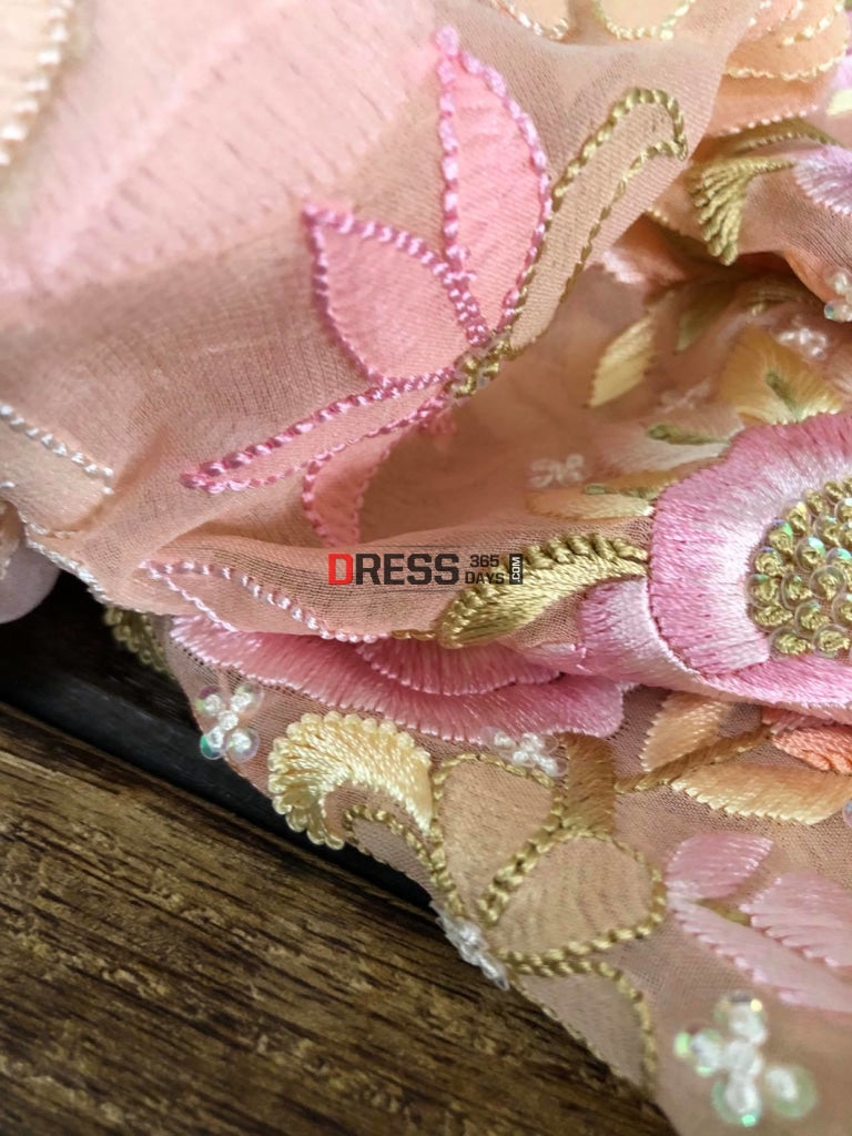 Peach Hand Embroidered Parsi Gara Chikankari Suit Suits
