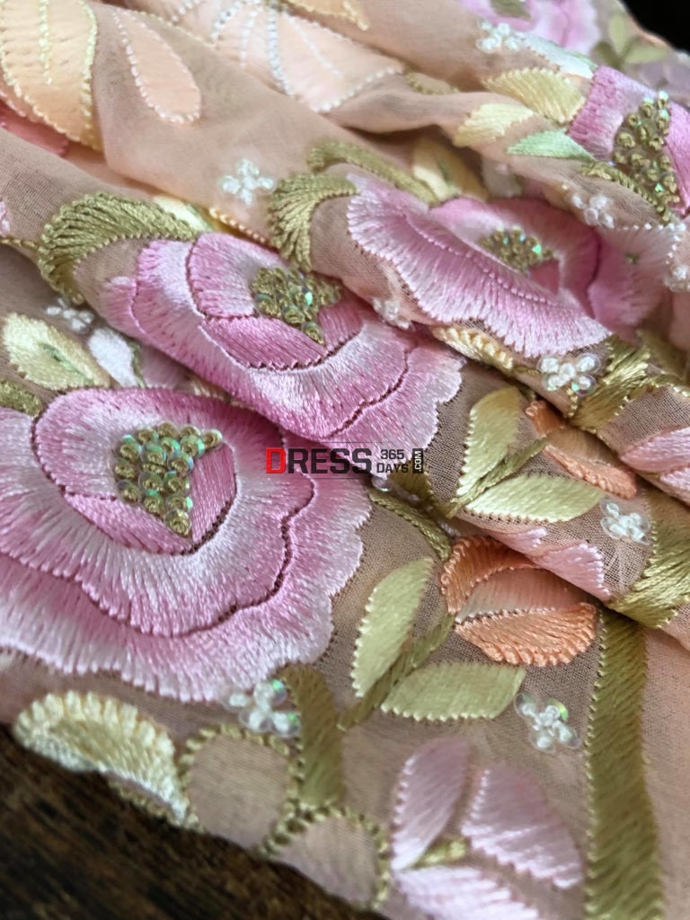 Peach Hand Embroidered Parsi Gara Chikankari Suit Suits
