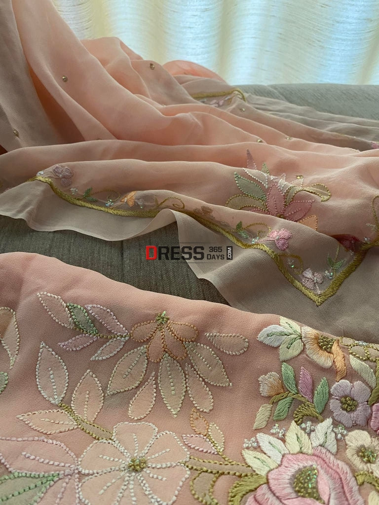Peach Hand Embroidered Parsi Gara Chikankari Suit Suits