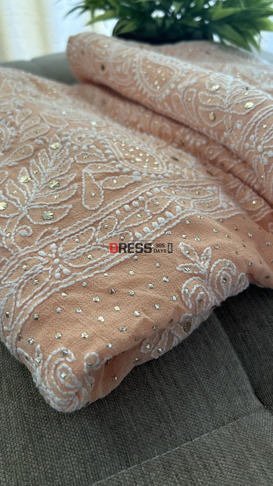 Peach Lucknowi Mukaish Pure Georgette Suit (Kurta & Dupatta) Chikankari Suits