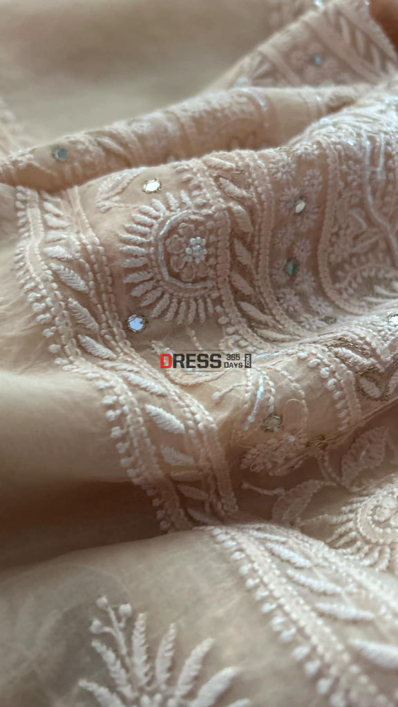 Peach Organza Mirror & Pearl Chikankari Suit (Kurta Dupatta) Suits