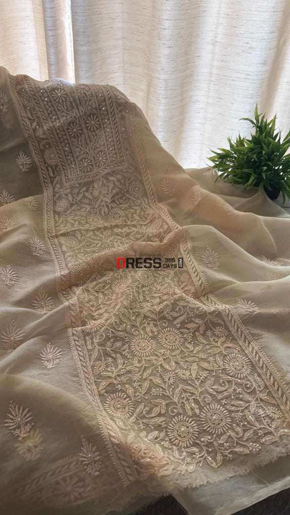 Peach Organza Mirror & Pearl Chikankari Suit (Kurta Dupatta) Suits