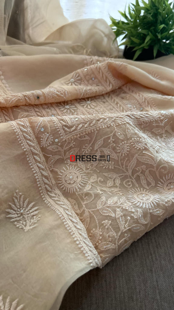 Peach Organza Mirror & Pearl Chikankari Suit (Kurta Dupatta) Suits