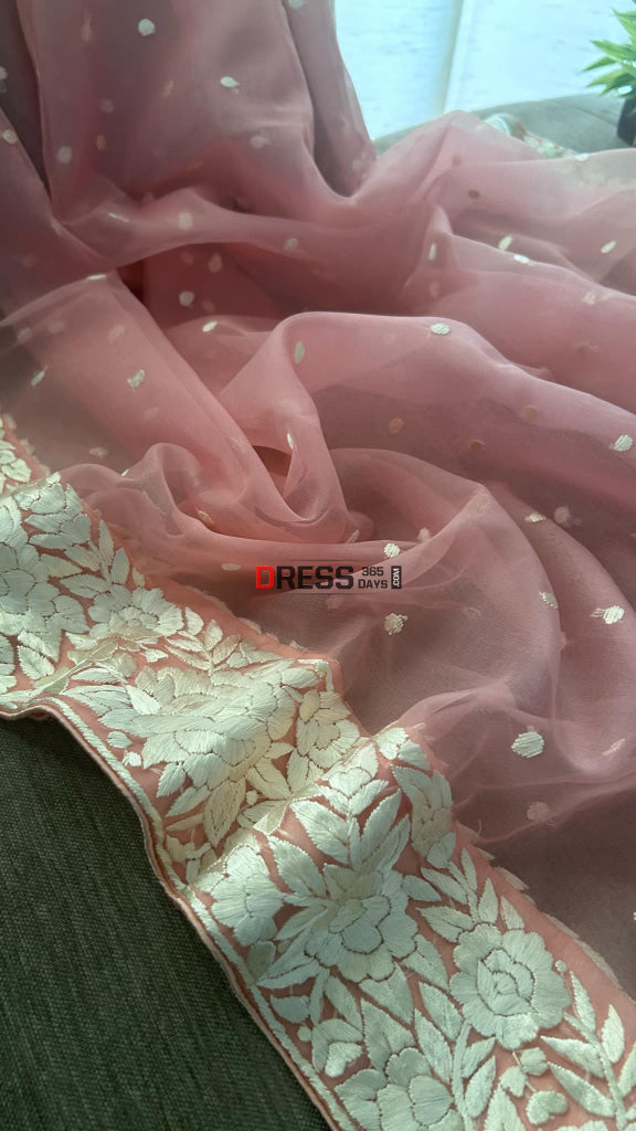Peach Organza Parsi Gara Dupatta