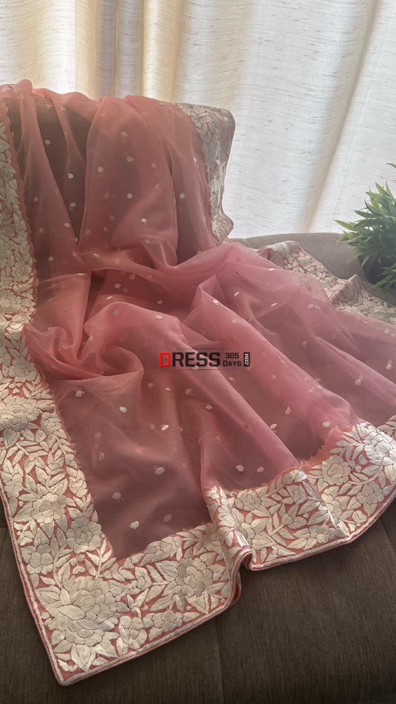 Peach Organza Parsi Gara Dupatta