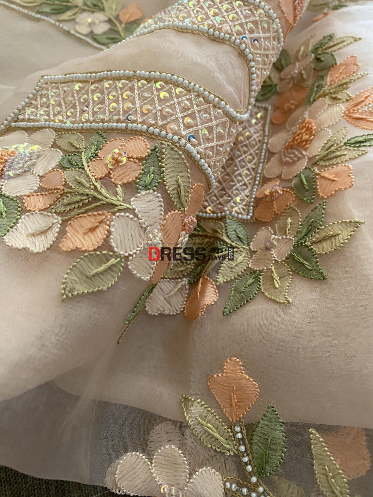 Peach Organza Pearls Multicolour Chikankari Suit Suits
