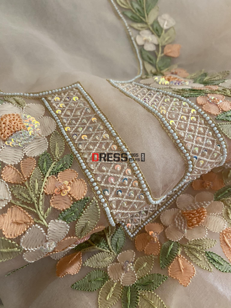 Peach Organza Pearls Multicolour Chikankari Suit Suits
