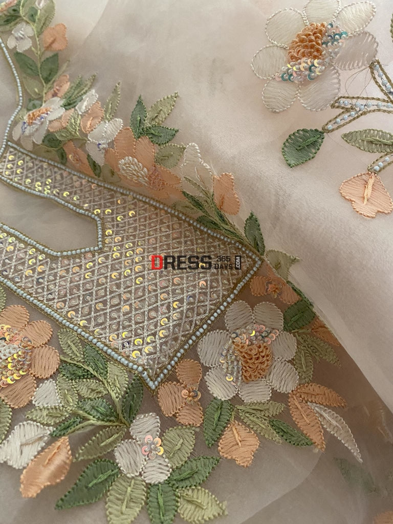 Peach Organza Pearls Multicolour Chikankari Suit Suits