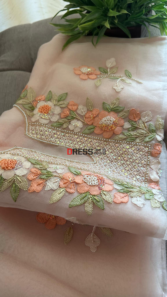 Peach Organza Pearls Multicolour Chikankari Suit Chikankari Suits