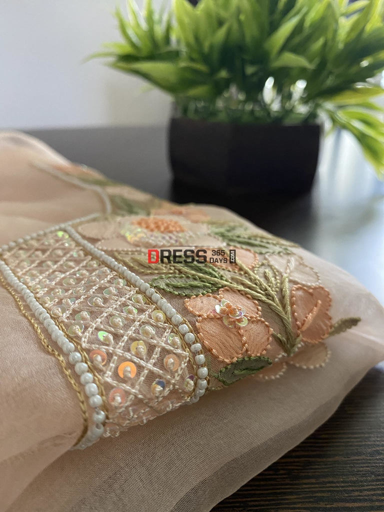 Peach Organza Pearls Multicolour Chikankari Suit Suits