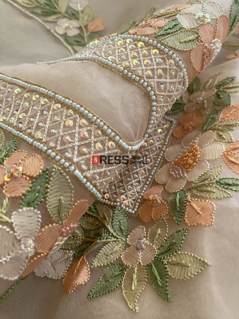 Peach Organza Pearls Multicolour Chikankari Suit Suits