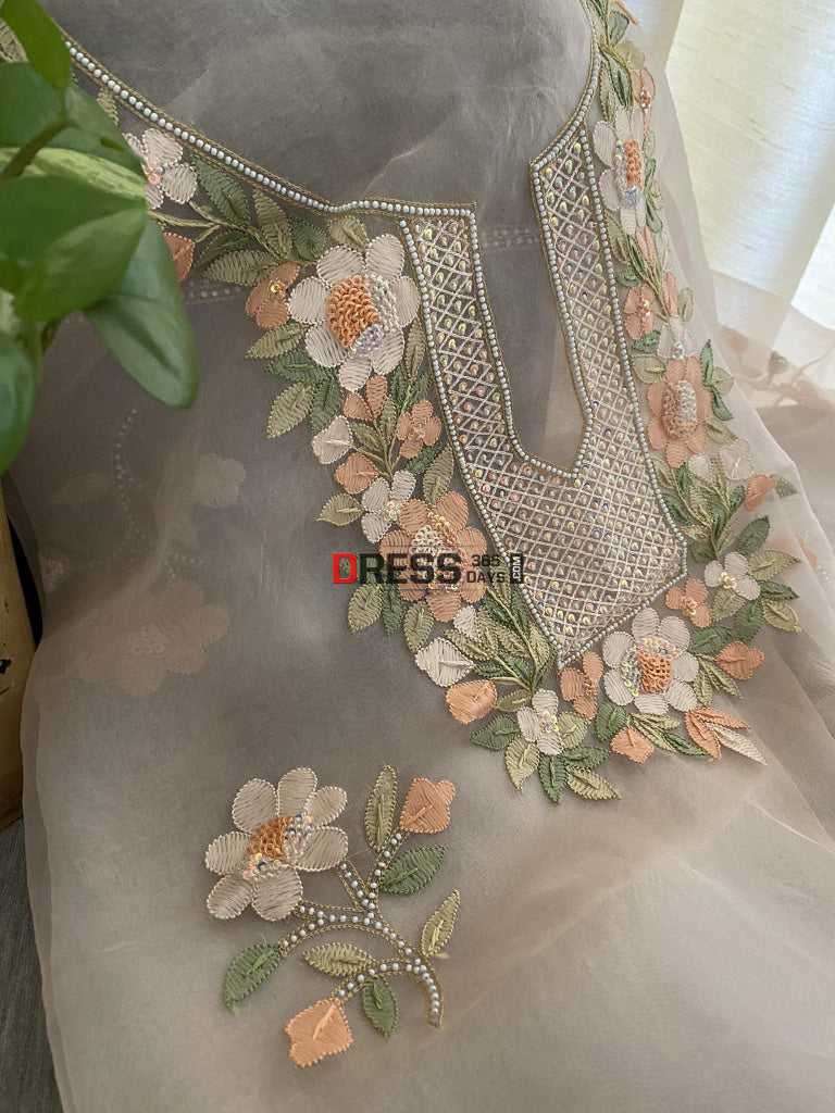Peach Organza Pearls Multicolour Chikankari Suit Suits