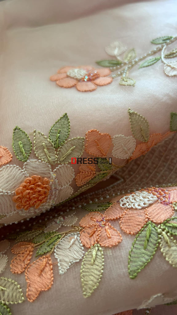 Peach Organza Pearls Multicolour Chikankari Suit Suits