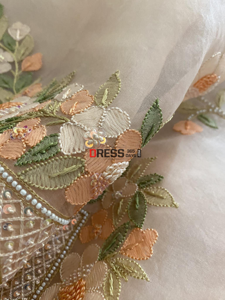 Peach Organza Pearls Multicolour Chikankari Suit Suits
