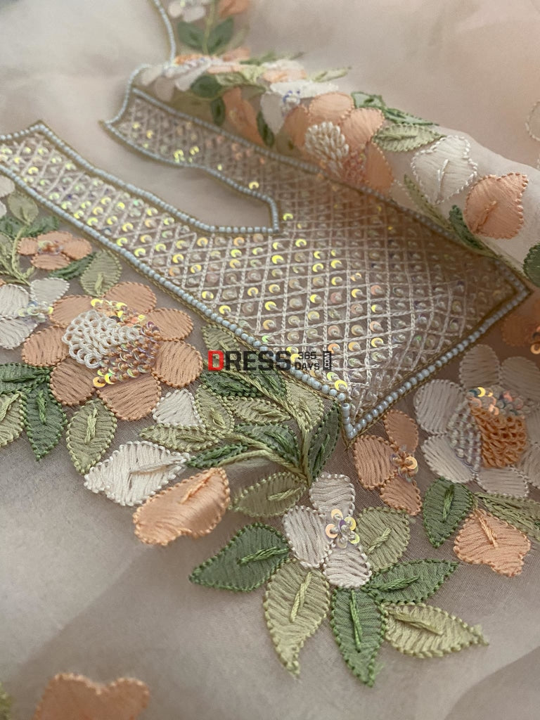 Peach Organza Pearls Multicolour Chikankari Suit Suits