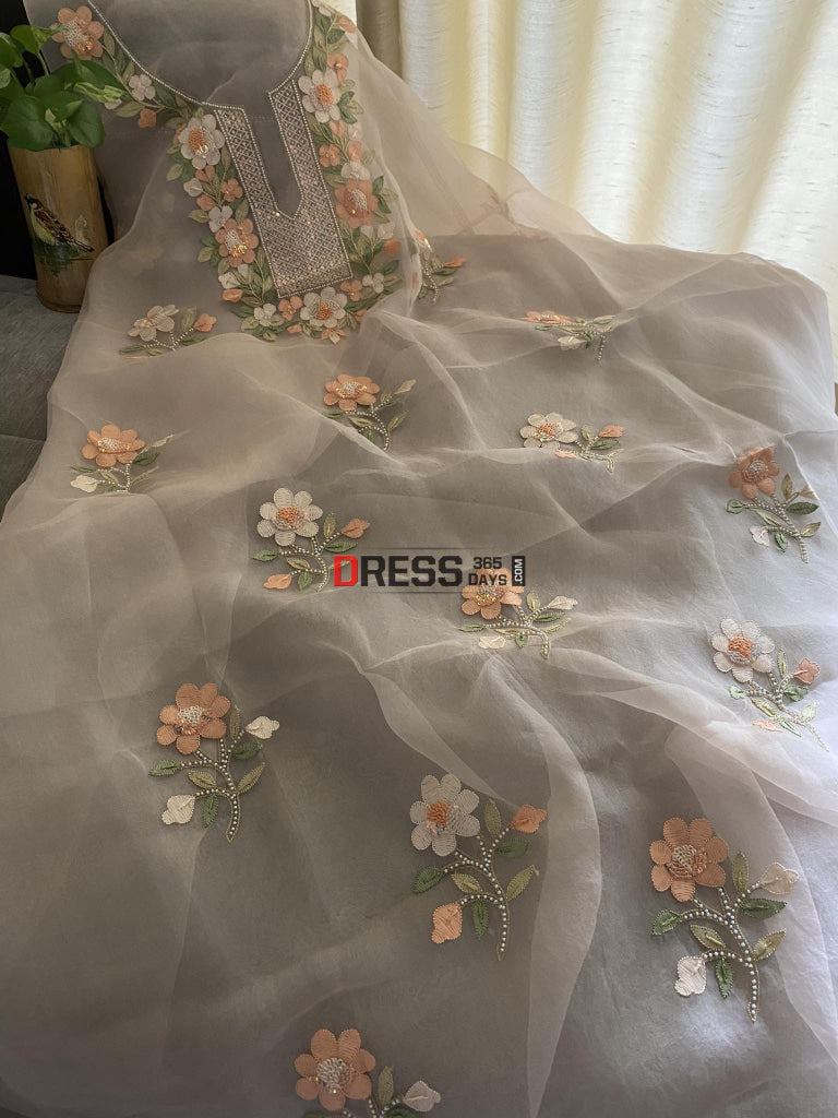 Peach Organza Pearls Multicolour Chikankari Suit Suits