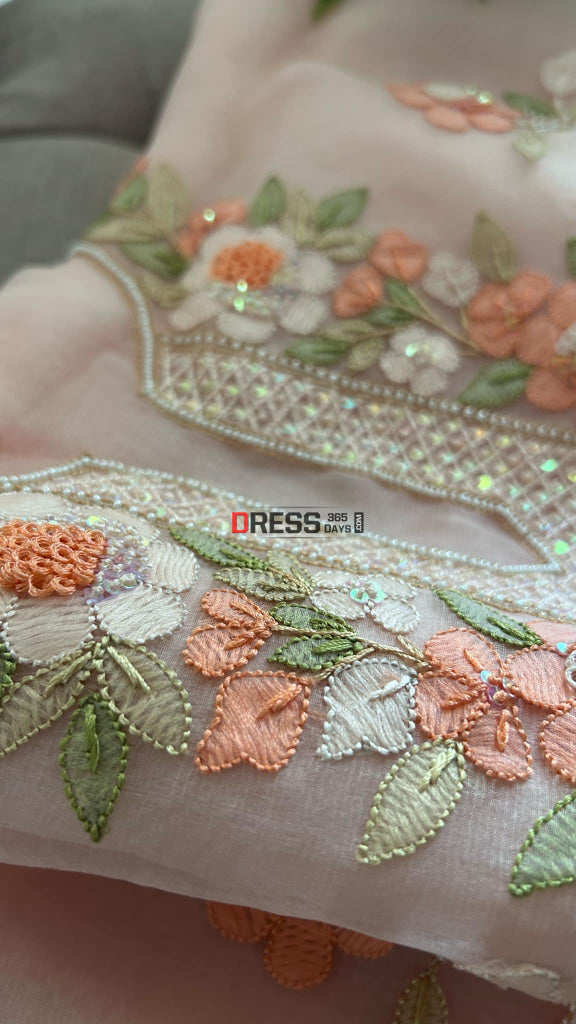 Peach Organza Pearls Multicolour Chikankari Suit Chikankari Suits