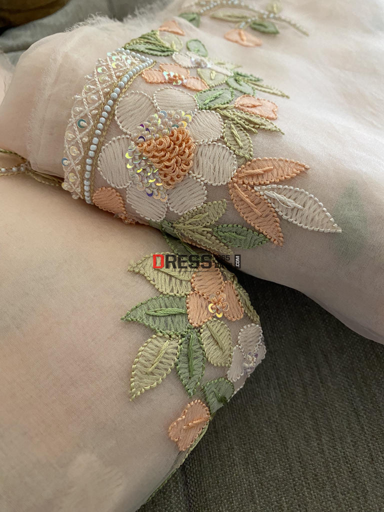 Peach Organza Pearls Multicolour Chikankari Suit Suits