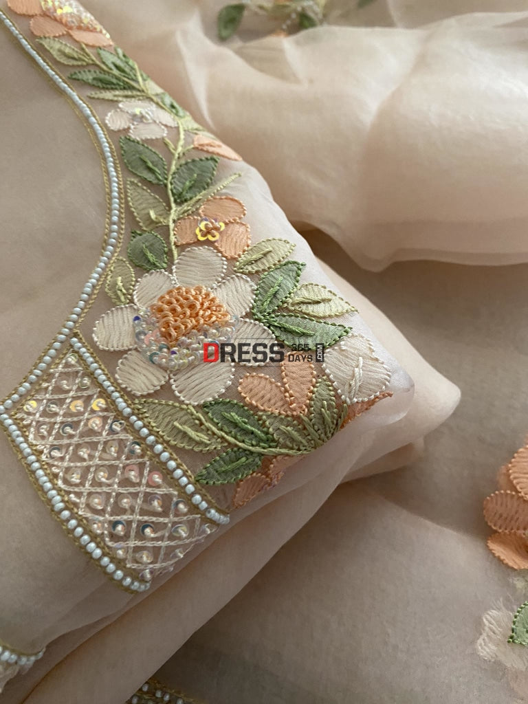 Peach Organza Pearls Multicolour Chikankari Suit Suits