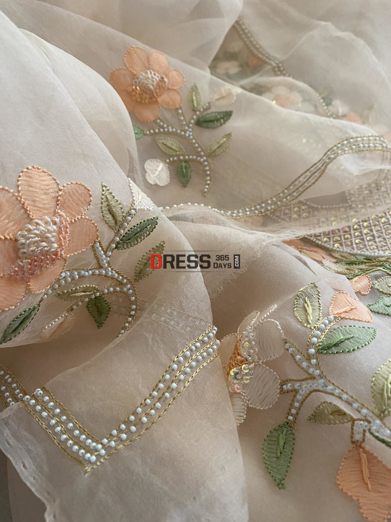 Peach Organza Pearls Multicolour Chikankari Suit Suits