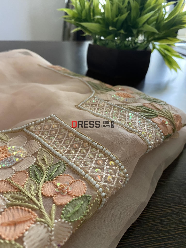 Peach Organza Pearls Multicolour Chikankari Suit Suits