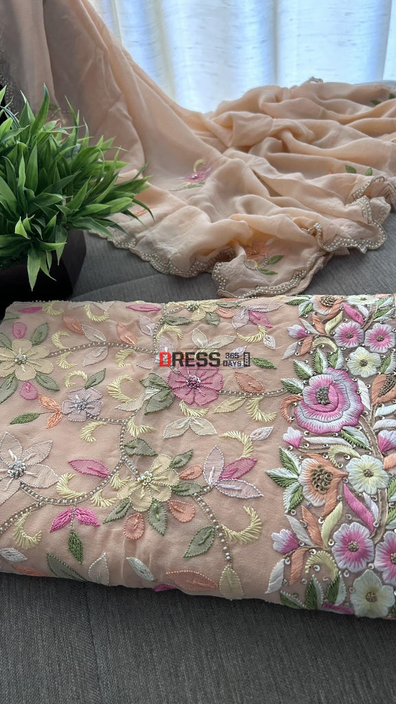 Peach Parsi Gara Chikankari & Pearl Kurta Dupatta Set Suits