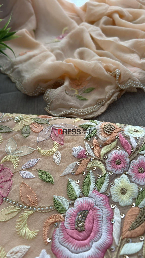 Peach Parsi Gara Chikankari & Pearl Kurta Dupatta Set Suits