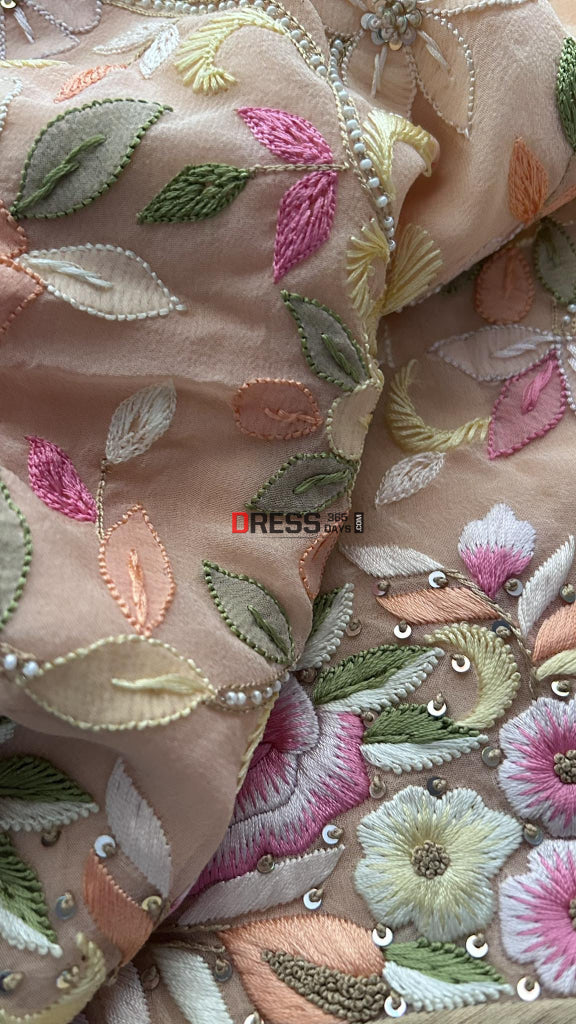 Peach Parsi Gara Chikankari & Pearl Kurta Dupatta Set Suits