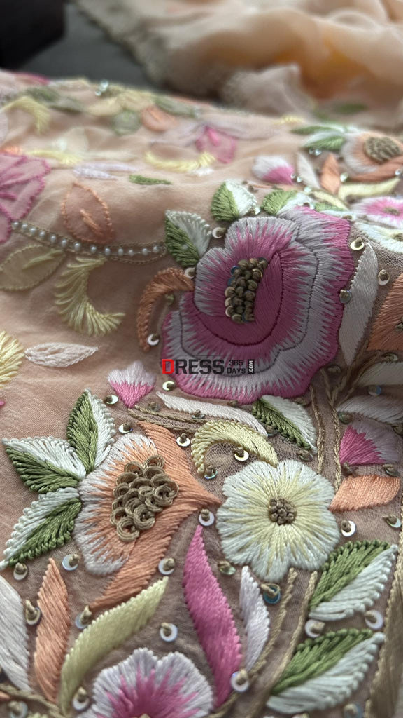 Peach Parsi Gara Chikankari & Pearl Kurta Dupatta Set Suits