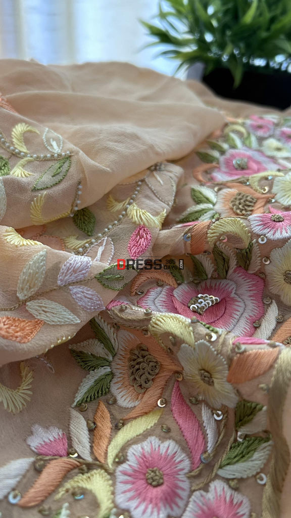Peach Parsi Gara Chikankari & Pearl Kurta Dupatta Set Suits