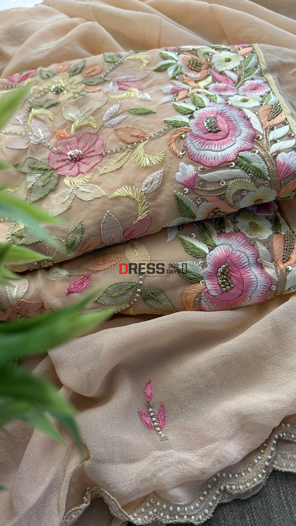 Peach Parsi Gara Chikankari & Pearl Kurta Dupatta Set Suits