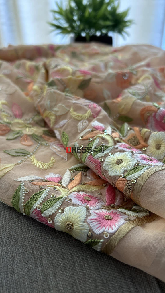 Peach Parsi Gara Chikankari & Pearl Kurta Dupatta Set Suits