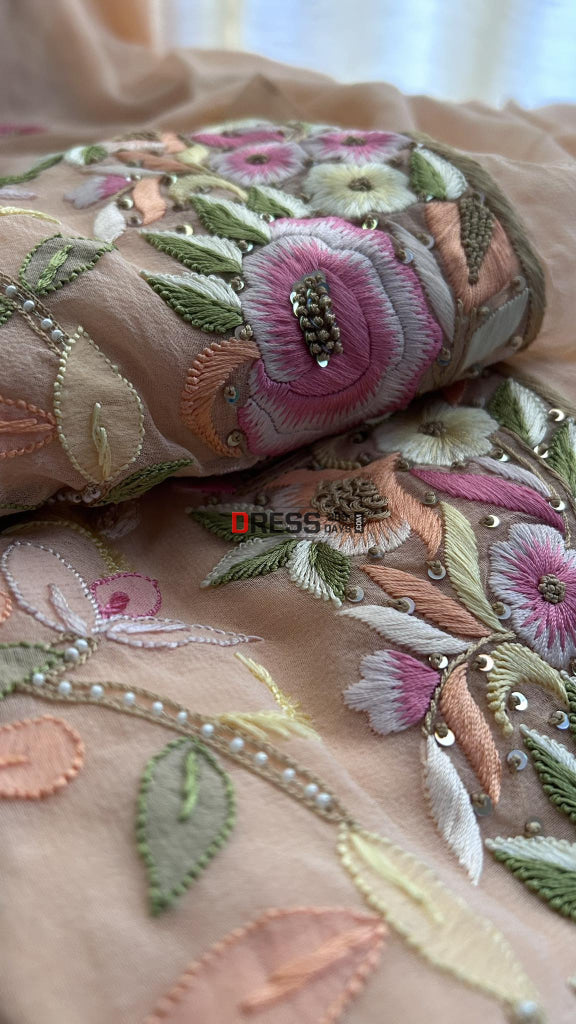 Peach Parsi Gara Chikankari & Pearl Kurta Dupatta Set Suits