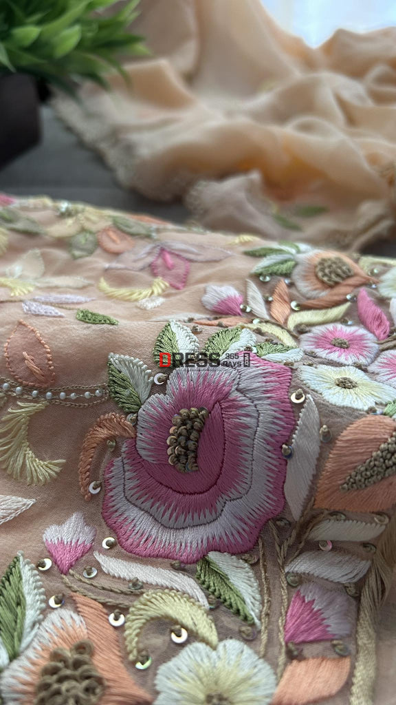 Peach Parsi Gara Chikankari & Pearl Kurta Dupatta Set Suits