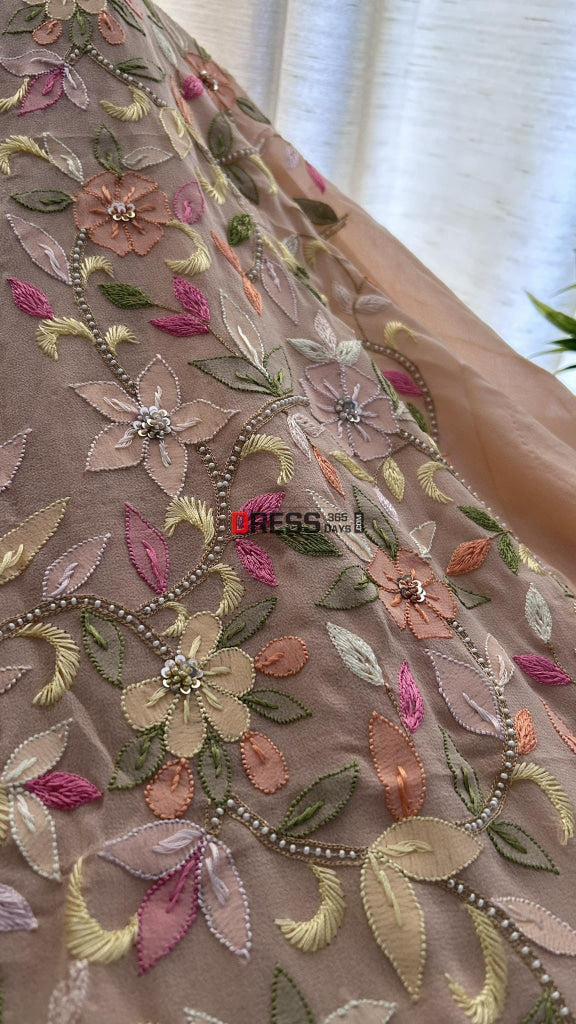 Peach Parsi Gara Chikankari & Pearl Kurta Dupatta Set Suits