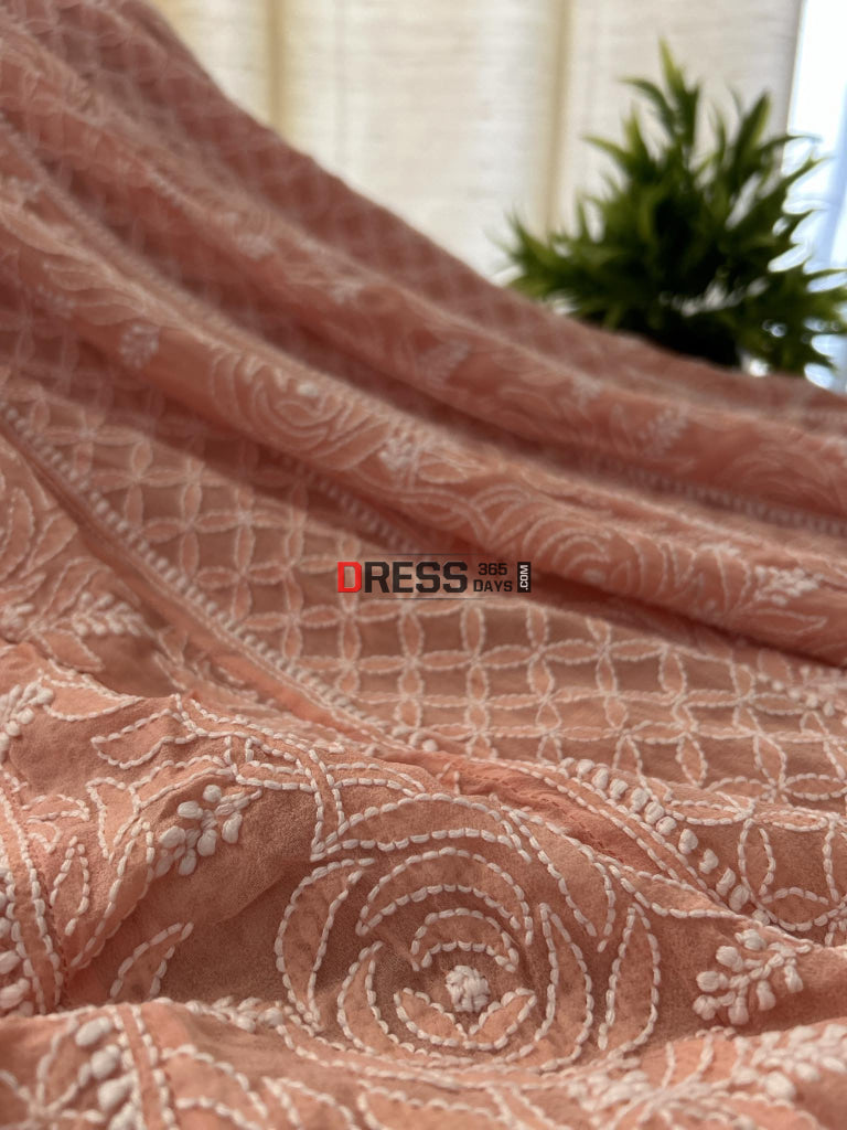 Peach Pure Georgette Chikankari Anarkali Suit