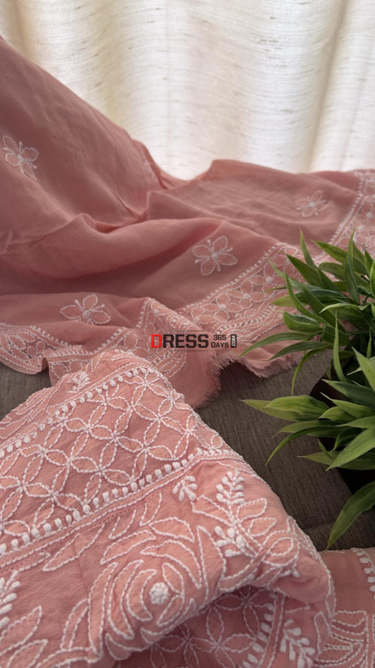 Peach Pure Georgette Chikankari Anarkali Suit