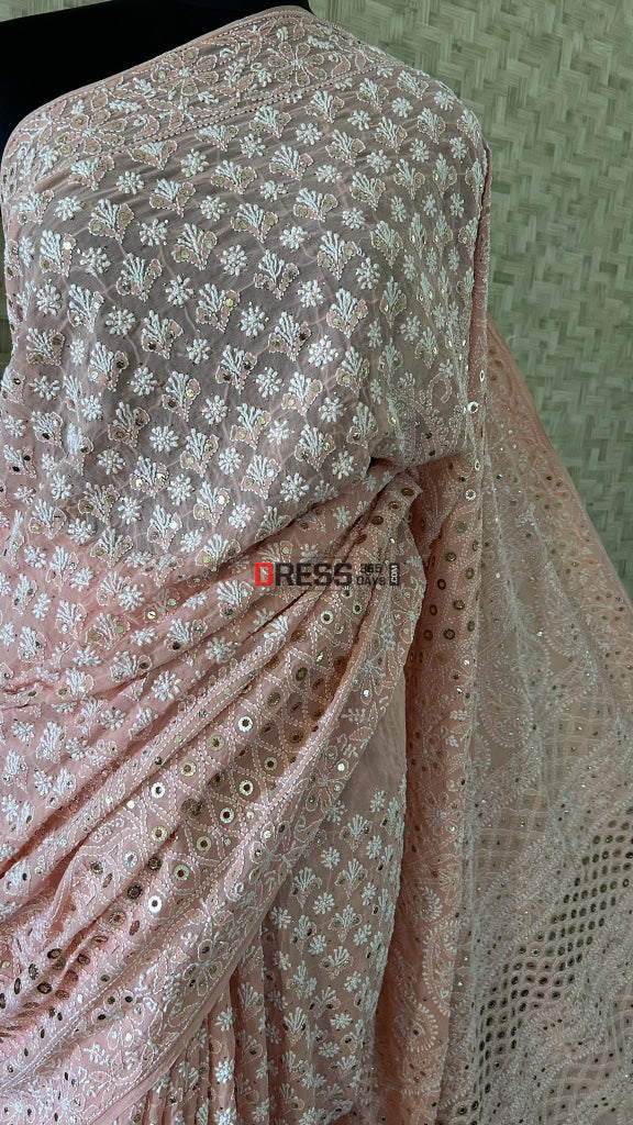 Peach Ring Mukaish Chikankari Saree